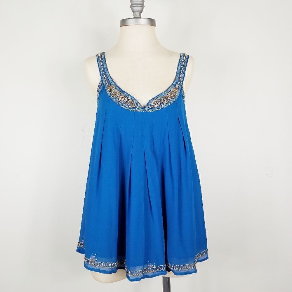 French Connection 100% Silk Beaded Blue Boho Top • Sleeveless Swing Silhouette